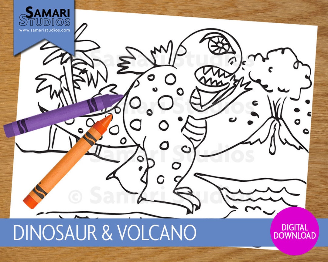 Dinosaur volcano hand drawn printable coloring sheet kids coloring page instant download printable