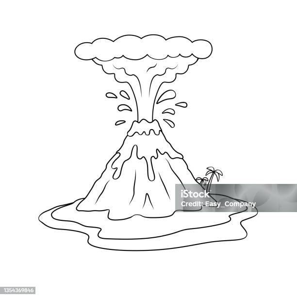 Black and white vector illustration of a childrens activity coloring book page with pictures of nature volcano stock illustration
