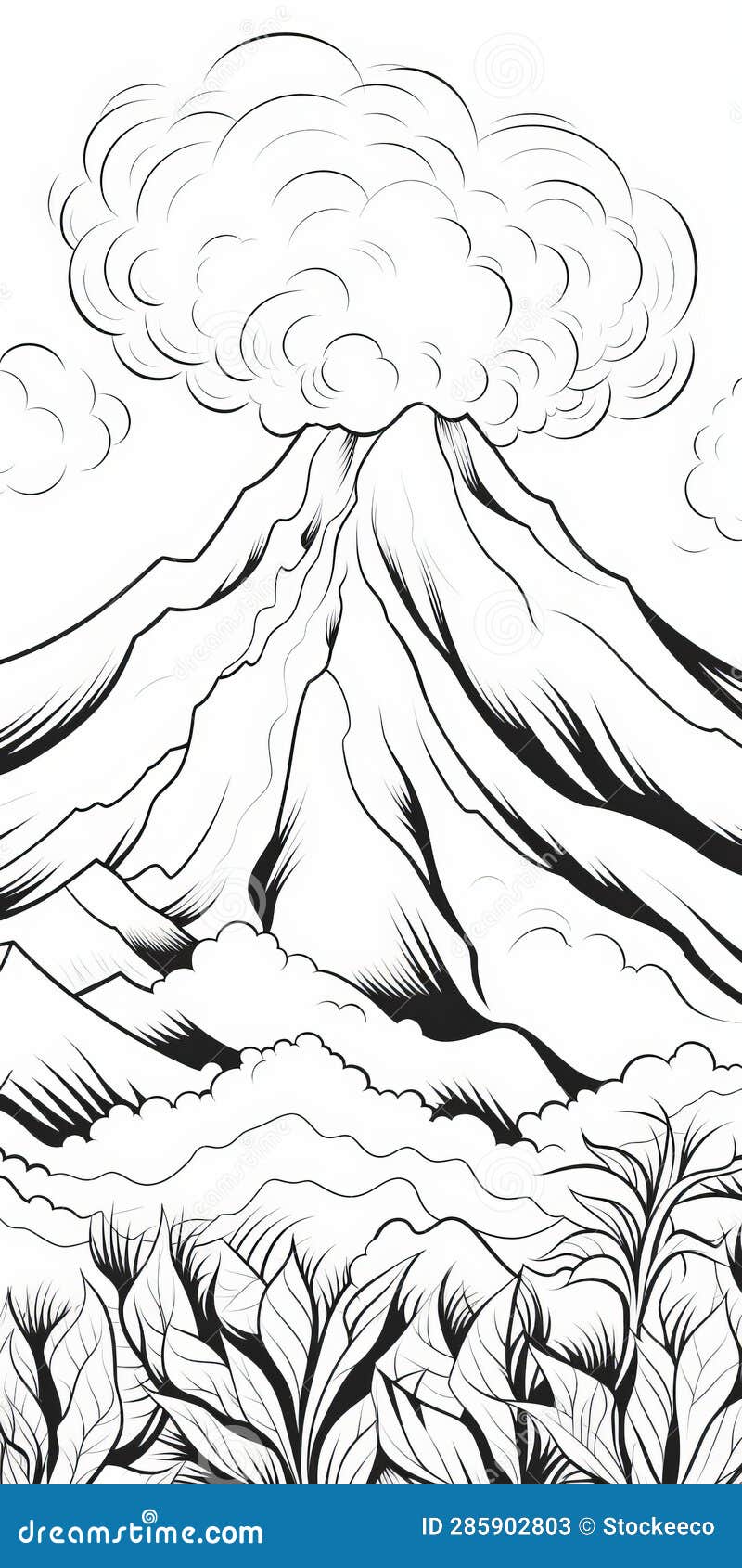 Serene volcano coloring page for adults stock illustration