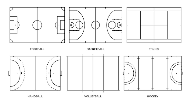 Premium vector outline sports fields football basketball tennis volleyball handball hockey