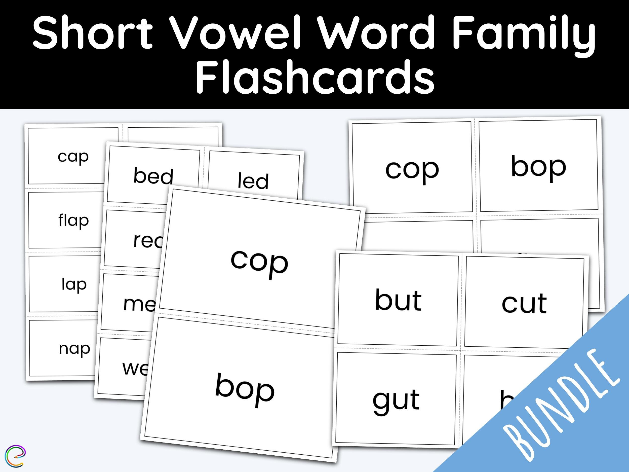 Word families short vowels flashcards printable second