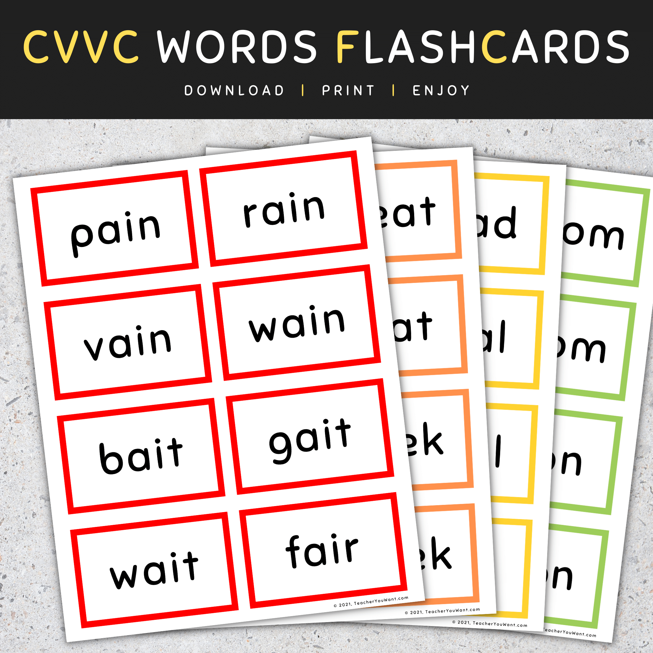 Cvvc words flash cards long vowels a e o u cvvc words list set made by teachers