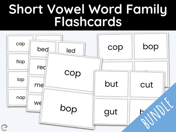 Word families short vowels flashcards printable second grade first grade printable bundle learning materials vowel sounds phonics