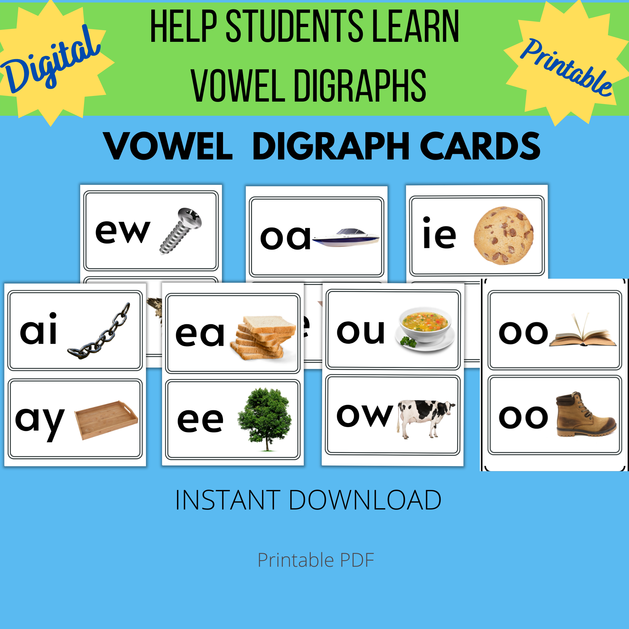 Vowel digraph cards vowel digraph flash cards phonics cards