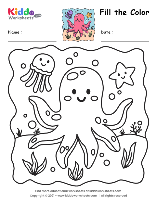 Free printable fill the color octopus worksheet