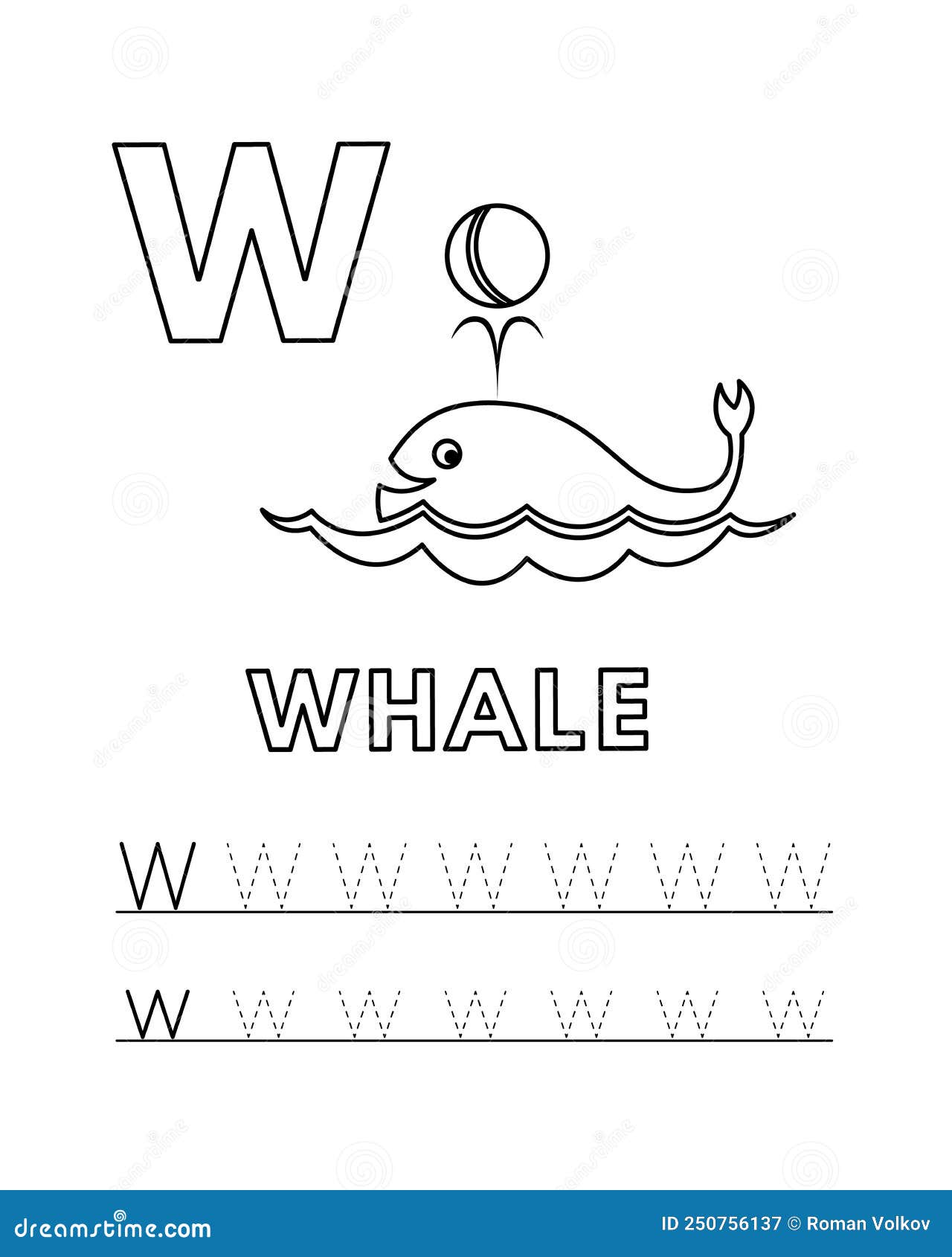 Vector cute cartoon animals alphabet and tracing practice letter w whale coloring pages stock vector