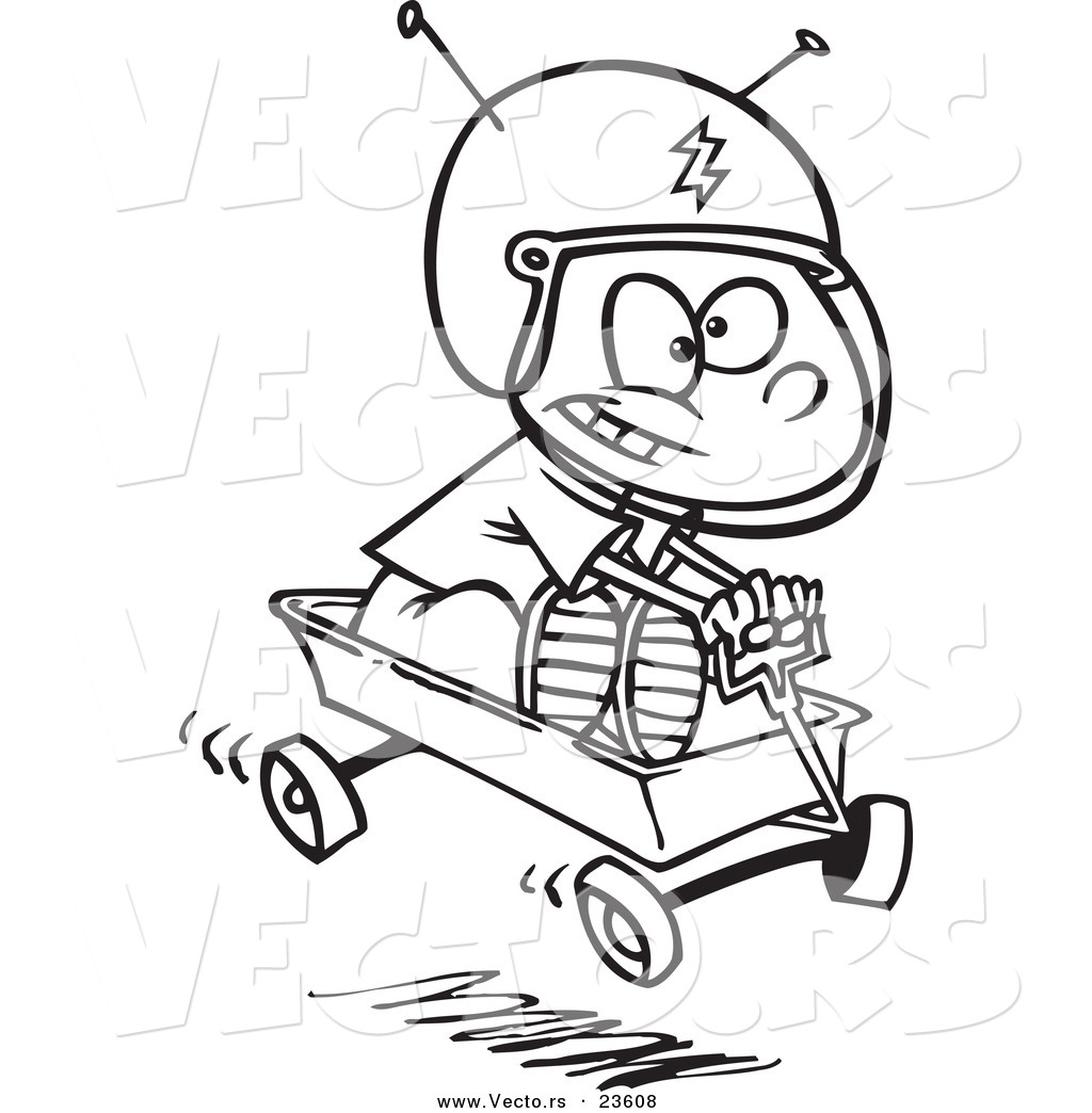 R of a cartoon boy pretending to ride a space wagon