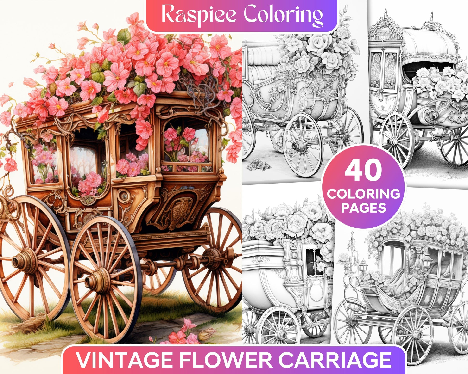 Vintage flower carriage grayscale coloring pages printable for adults â coloring
