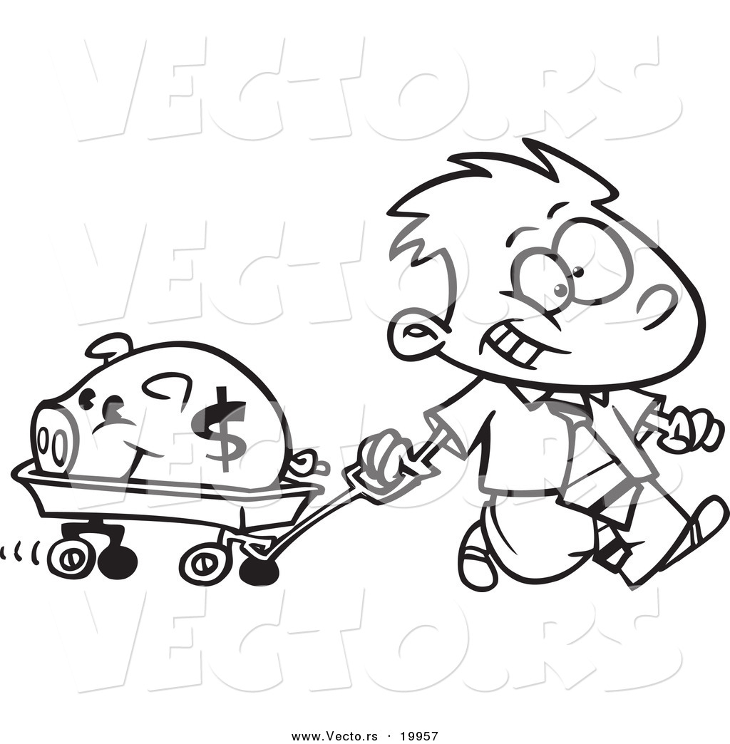 R of a cartoon rich boy pulling his piggy bank in a wagon