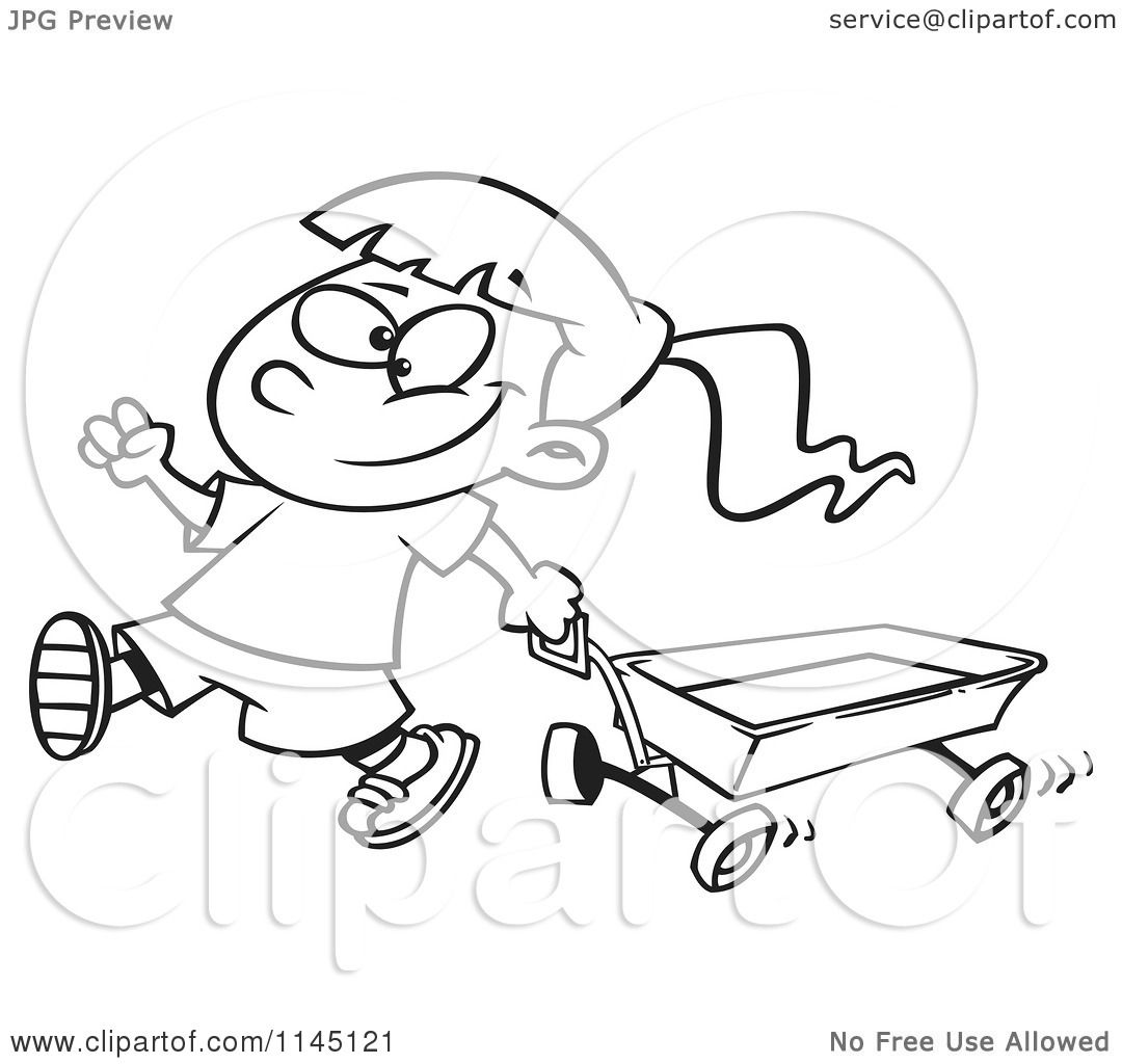 Cartoon clipart of a black and white happy girl pulling a wagon