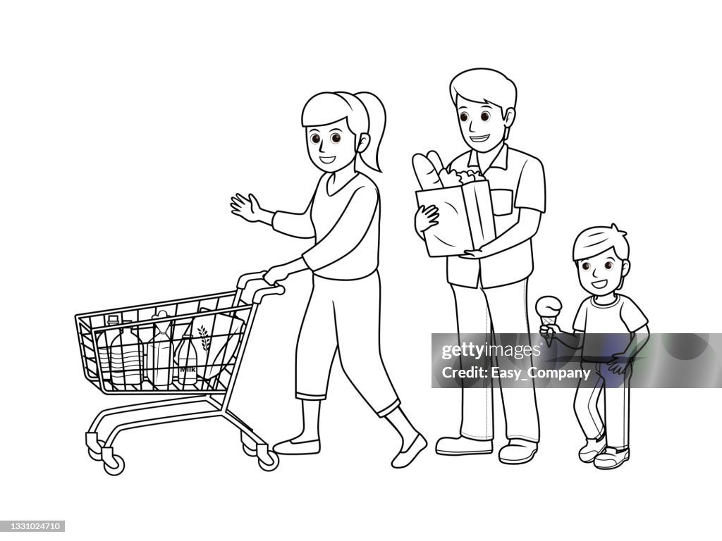 Black and white vector illustration of kids activity coloring book page with pictures of family doing by shopping high