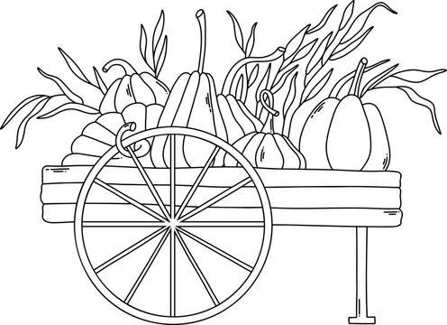 Pumpkin cart black contour coloring page template vector