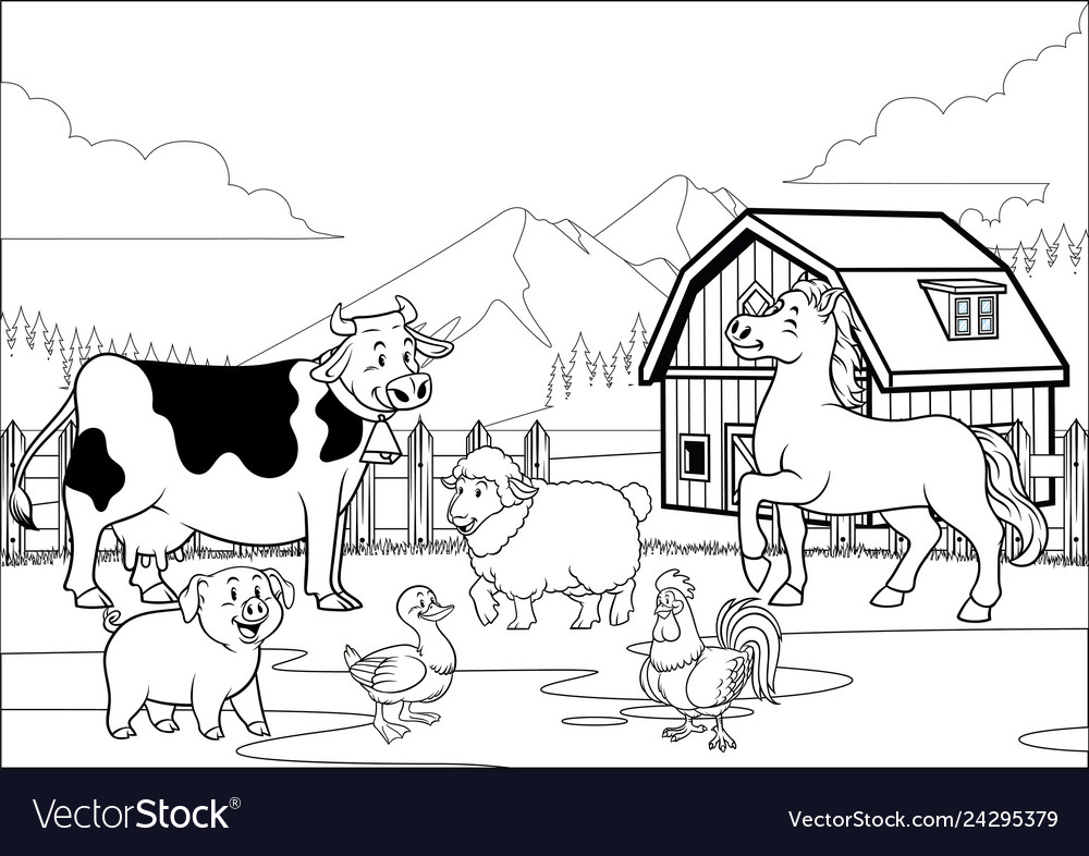 Black and white coloring page happy farm animals vector image
