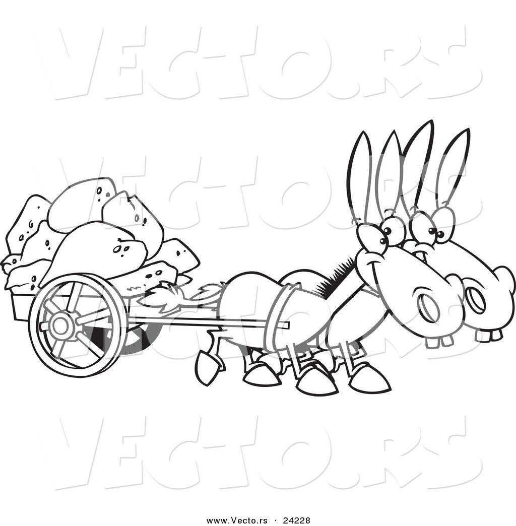 R of a cartoon two mules pulling a wagon full of rocks
