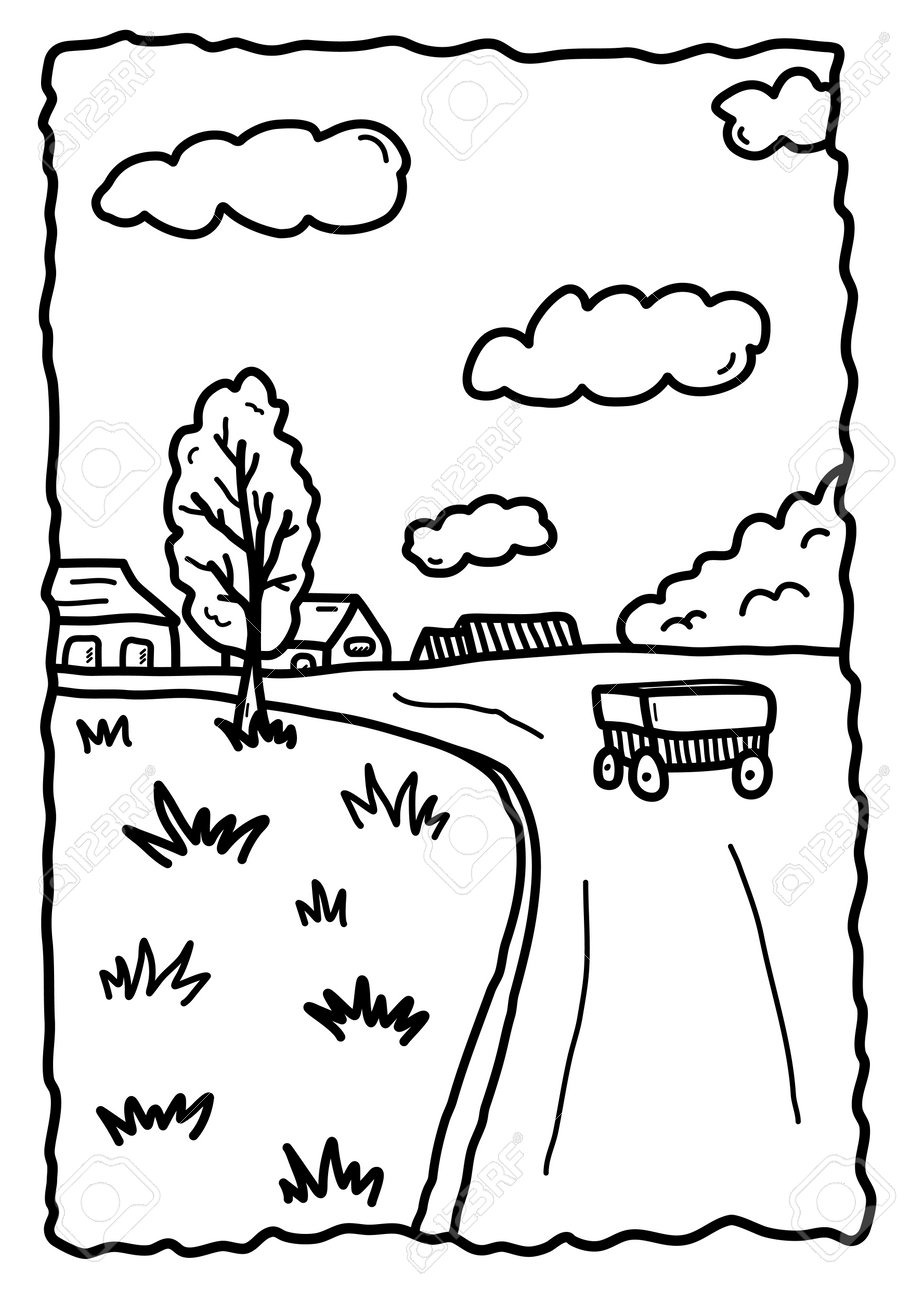Hand drawn kids coloring page with village landscape doodle style vector illustration isolated on white background nature black outline view with cart houses and trees royalty free svg cliparts vectors and stock