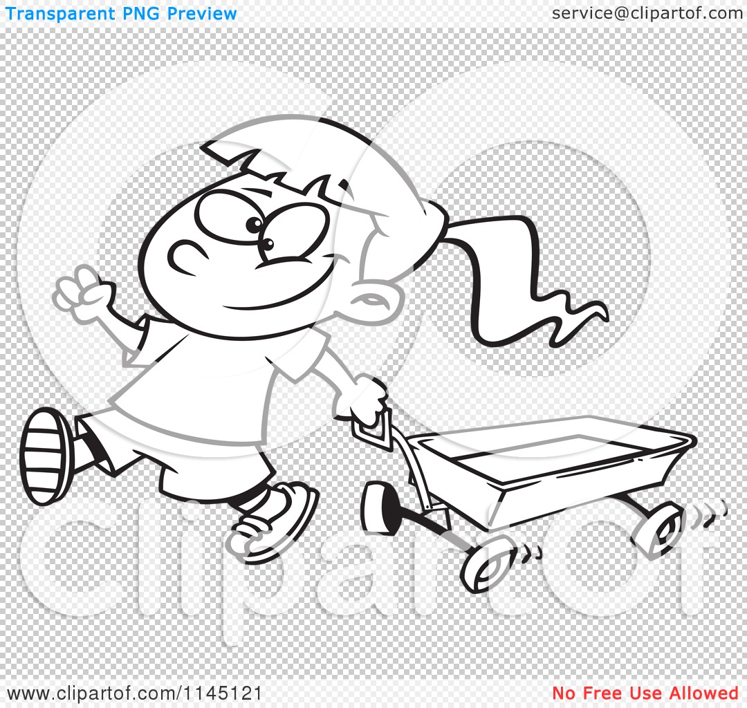 Cartoon clipart of a black and white happy girl pulling a wagon