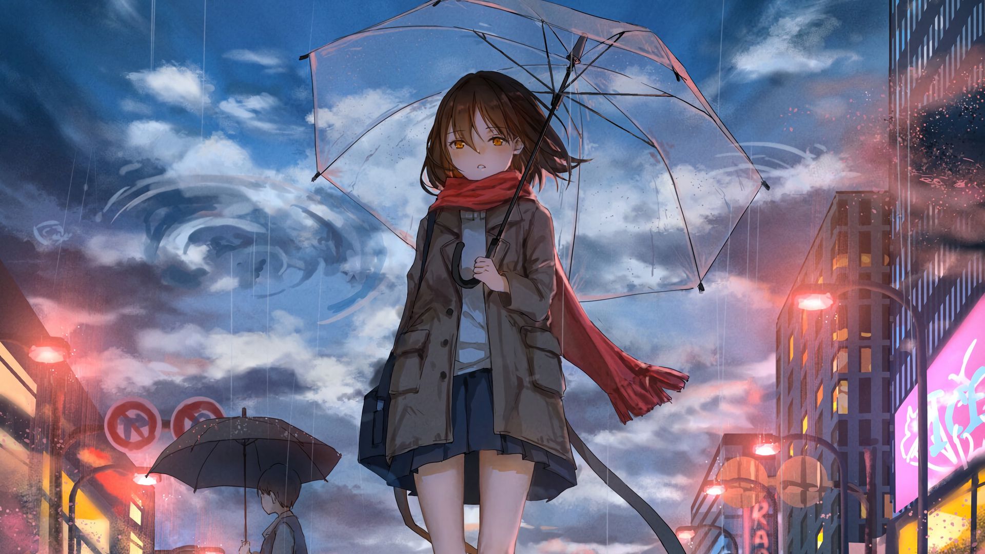 Download wallpaper x girl umbrella anime rain sadness full hd hdtv fhd p hd background