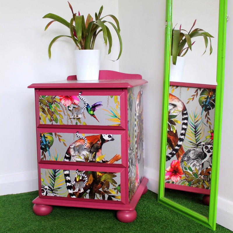 Learning how to upcycle furniture with wallpaper and fusion mineral paint the candy queen designs blog