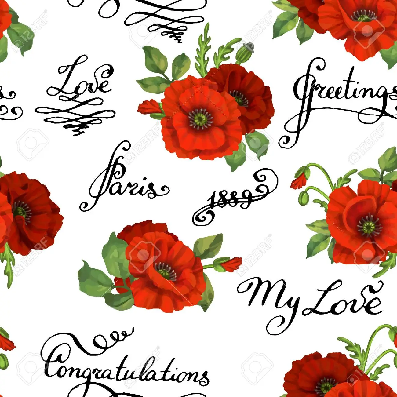 Seamless floral pattern with words flower vector illustration elegance wallpaper with poppy on floral background decorative vintage vector illustration texture shabby chic poppy hand write words royalty free svg cliparts vectors and