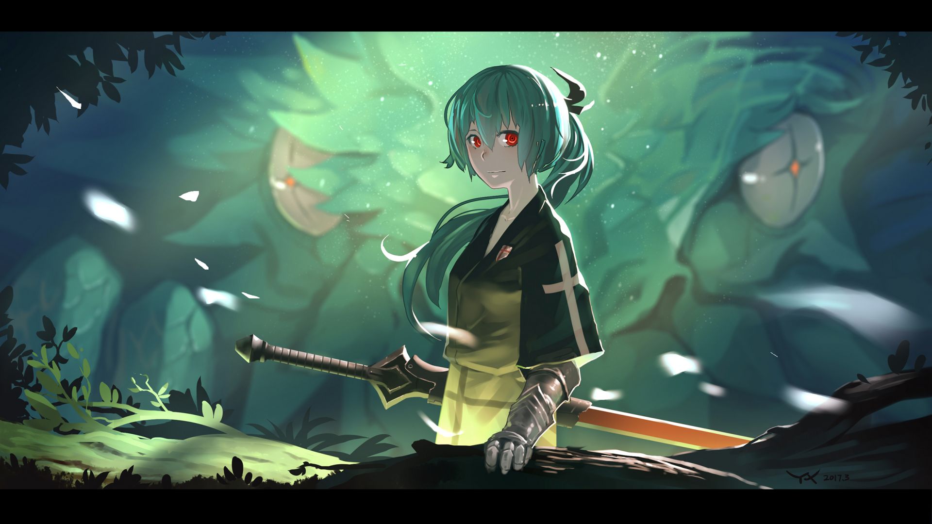 Desktop wallpaper warrior in forest original anime girl hd image picture background d