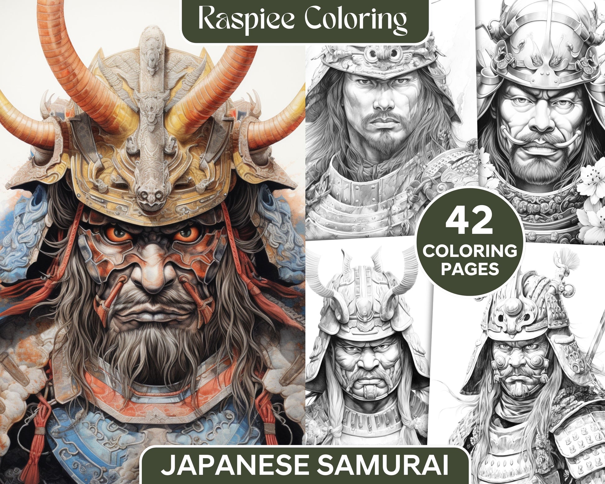 Japanese samurai grayscale coloring pages for adults printable pdf â coloring