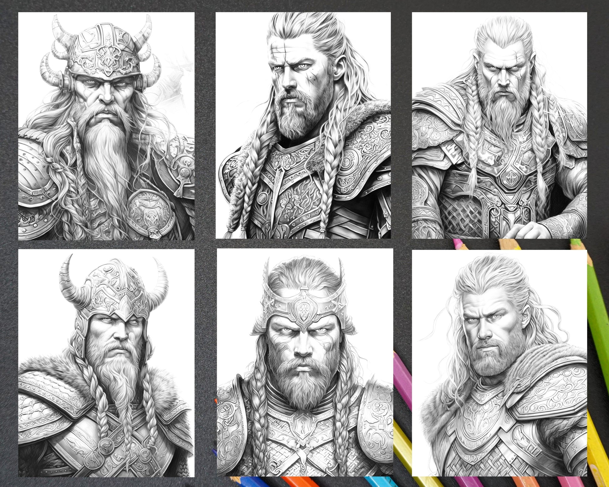 Viking warriors portrait grayscale coloring pages printable for adu â coloring