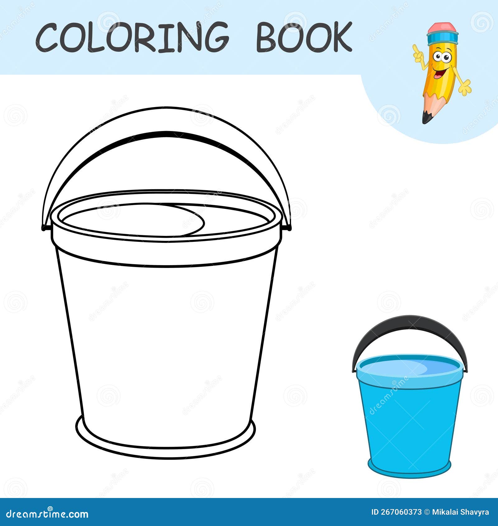 Coloring book with cartoon bucket of water with a handle raised up template of colorless and color samples water pail on coloring stock vector