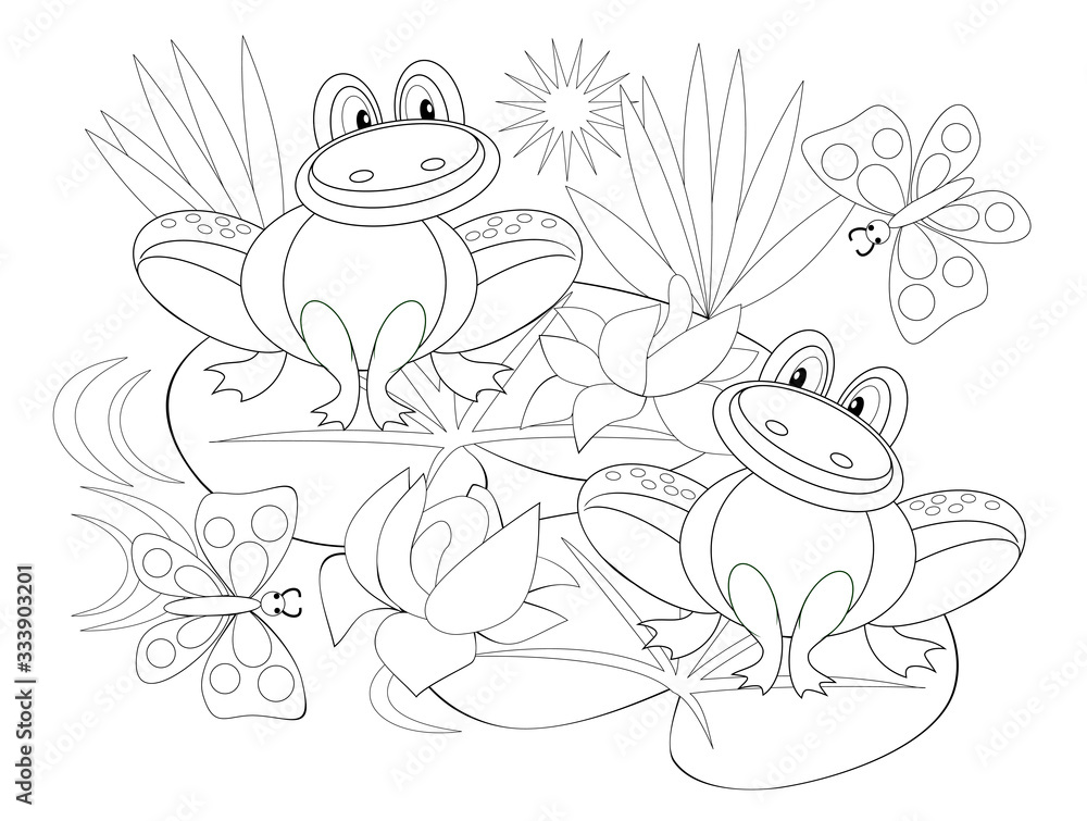 Black and white page for baby coloring book illustration of two cute frogs in a swamp with water lilies printable template for kids worksheet for children and adults hand