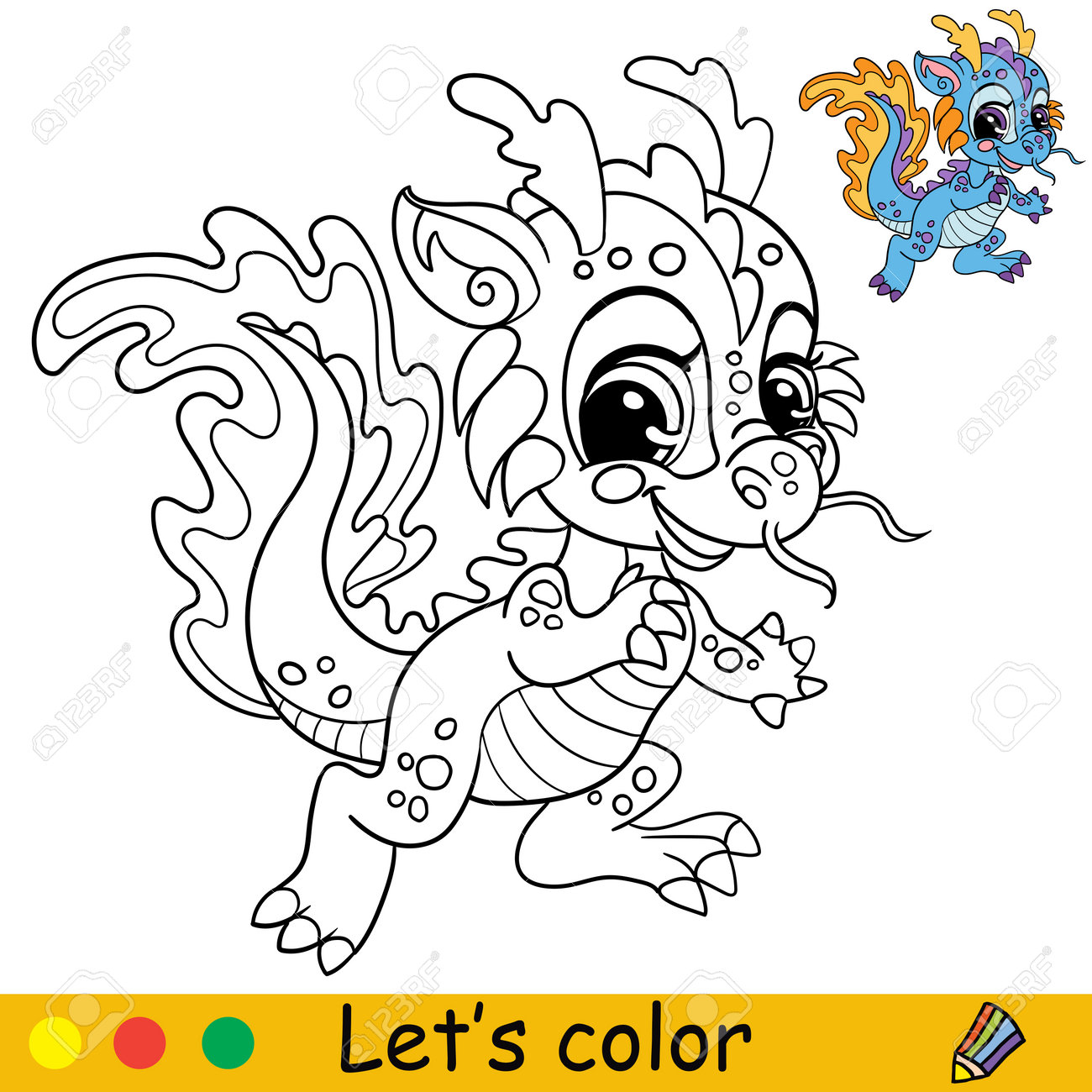 Cute funny water dragon coloring book page with colorful template for kids vector cartoon illustration freehand sketch drawing for coloring print game education party design decor royalty free svg cliparts vectors and