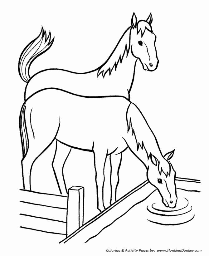 Horse coloring pages horses at water trough coloring page