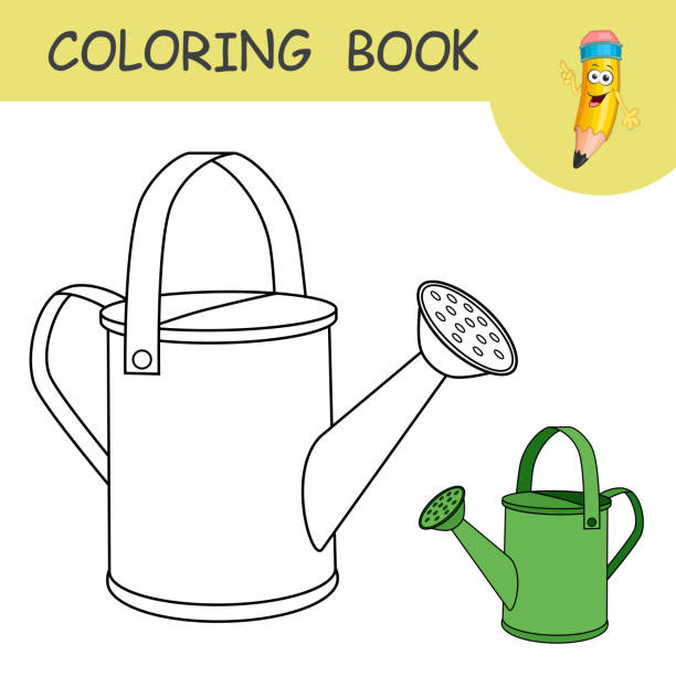 Coloring page with cartoon watering can template of colorless and color samples gardening tool to water the plants and flowers on coloring page practice worksheet with plastic or metallic garden can stock