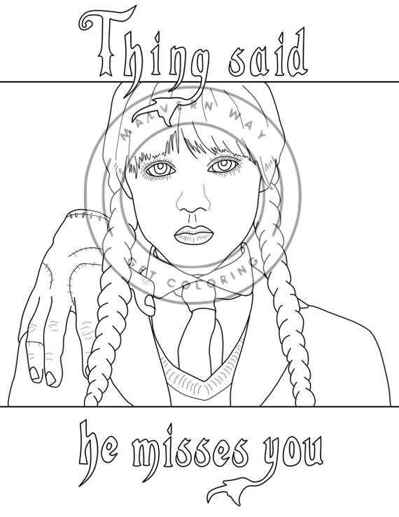 Wednesday addams and thing coloring page