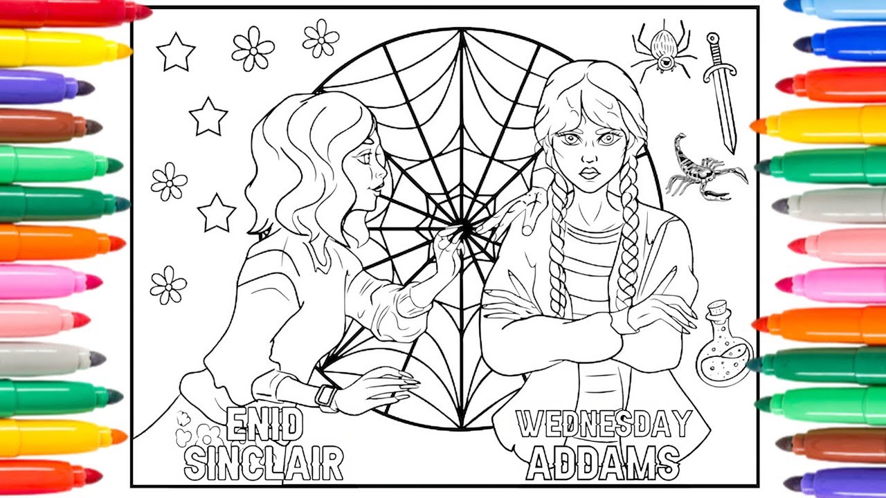 Wednesday addams and enid sinclar coloring page how to draw wednesday addams