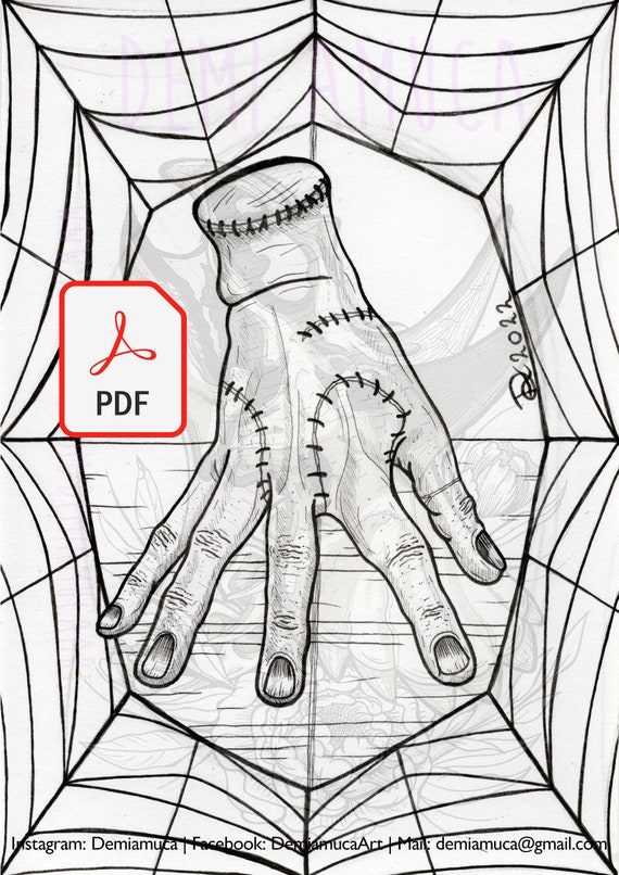 Coloring page thing addams wednesday hand instant download