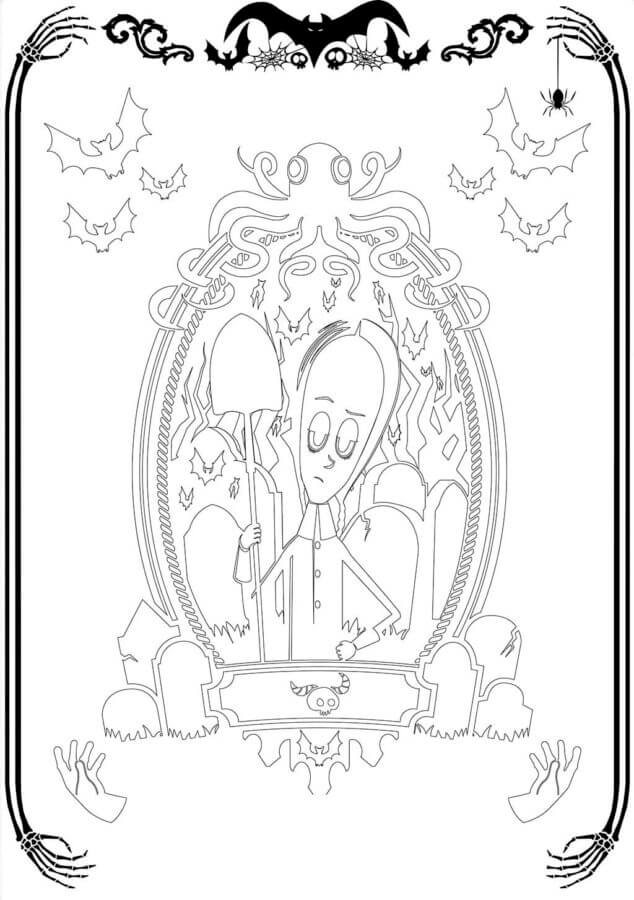 Wednesday addams with a shovel in his hands coloring page