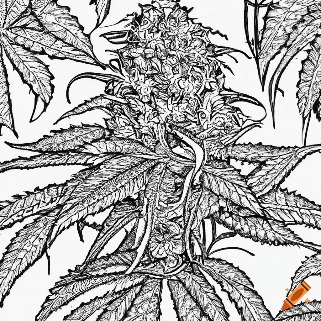 Coloring pages for adults cannabis plant in the style of botanical illustration bold lines medium detail black and white no shading on
