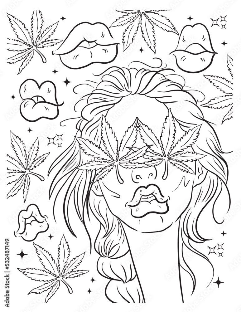 Beautiful girl and weed leaf coloring page vector coloring for adults vector