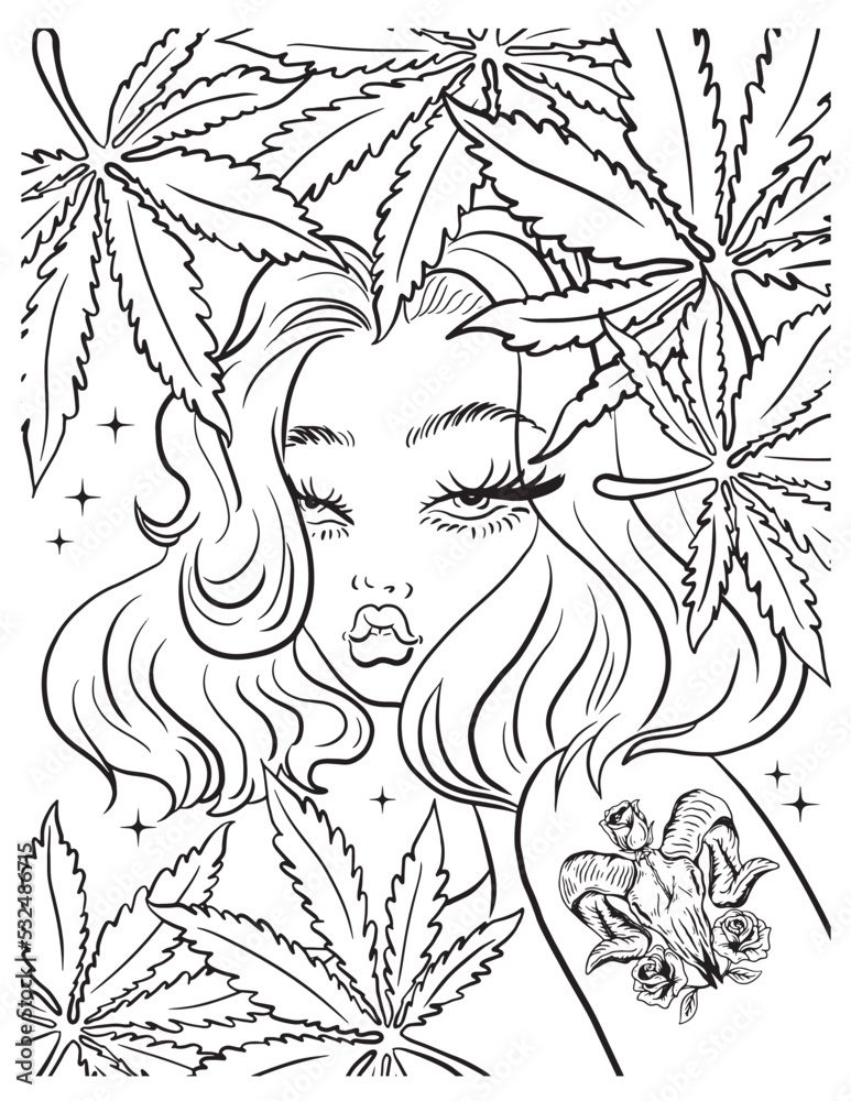 Weed girl coloring page vector coloring for adults vector