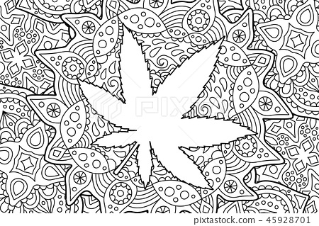 Adult coloring book page with cannabis leaf