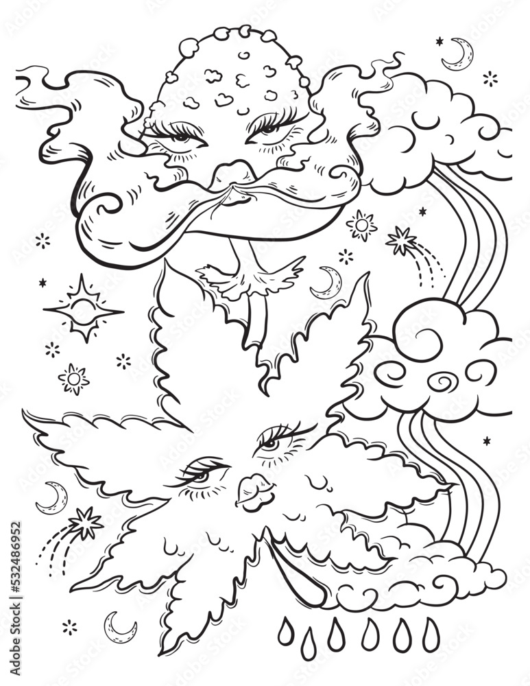 Weed leaf and mushroom coloring page vector coloring for adults vector
