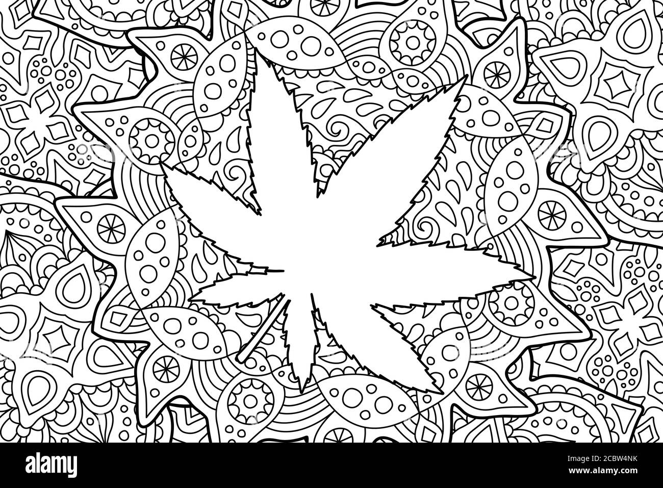 Beautiful adult coloring book page with white cannabis leaf silhouette stock vector image art