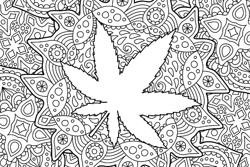 Adult coloring book page with cannabis leaf stock illustration