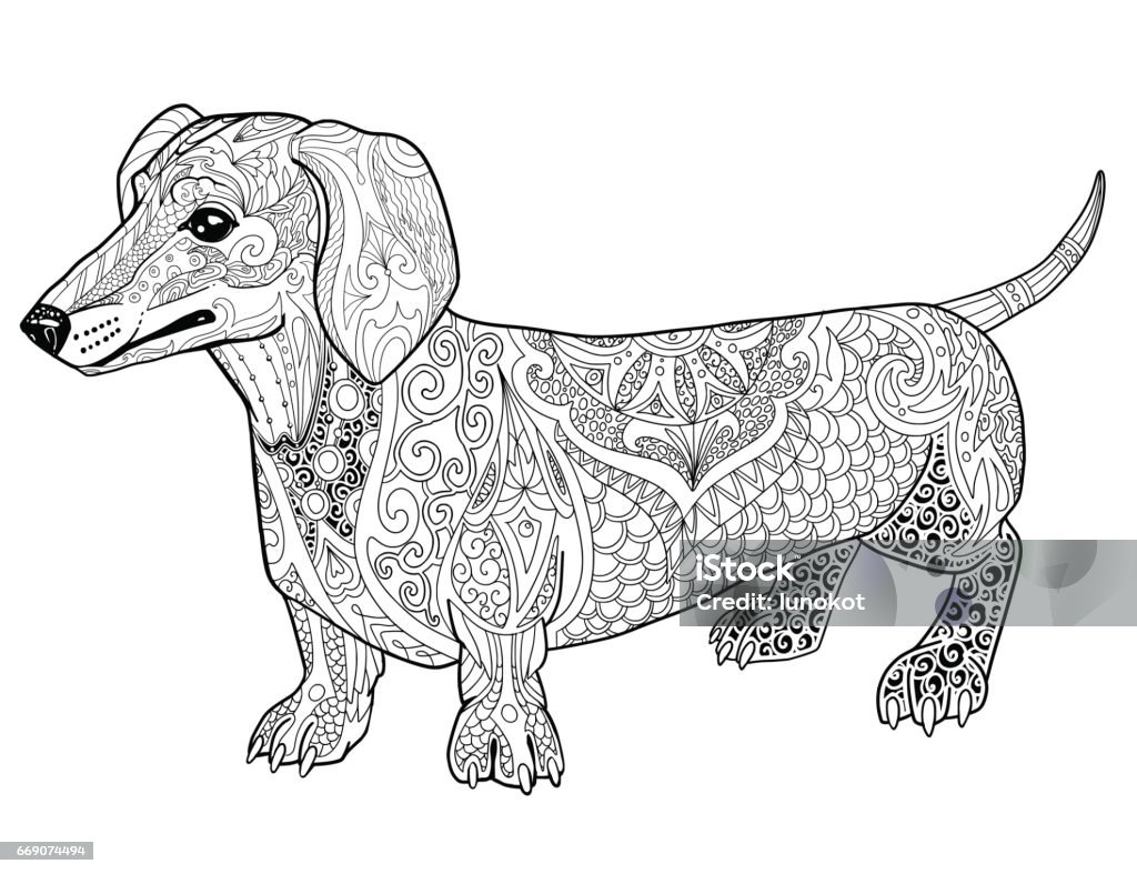 Abstract dachshund doodle coloring book page for adult stock illustration
