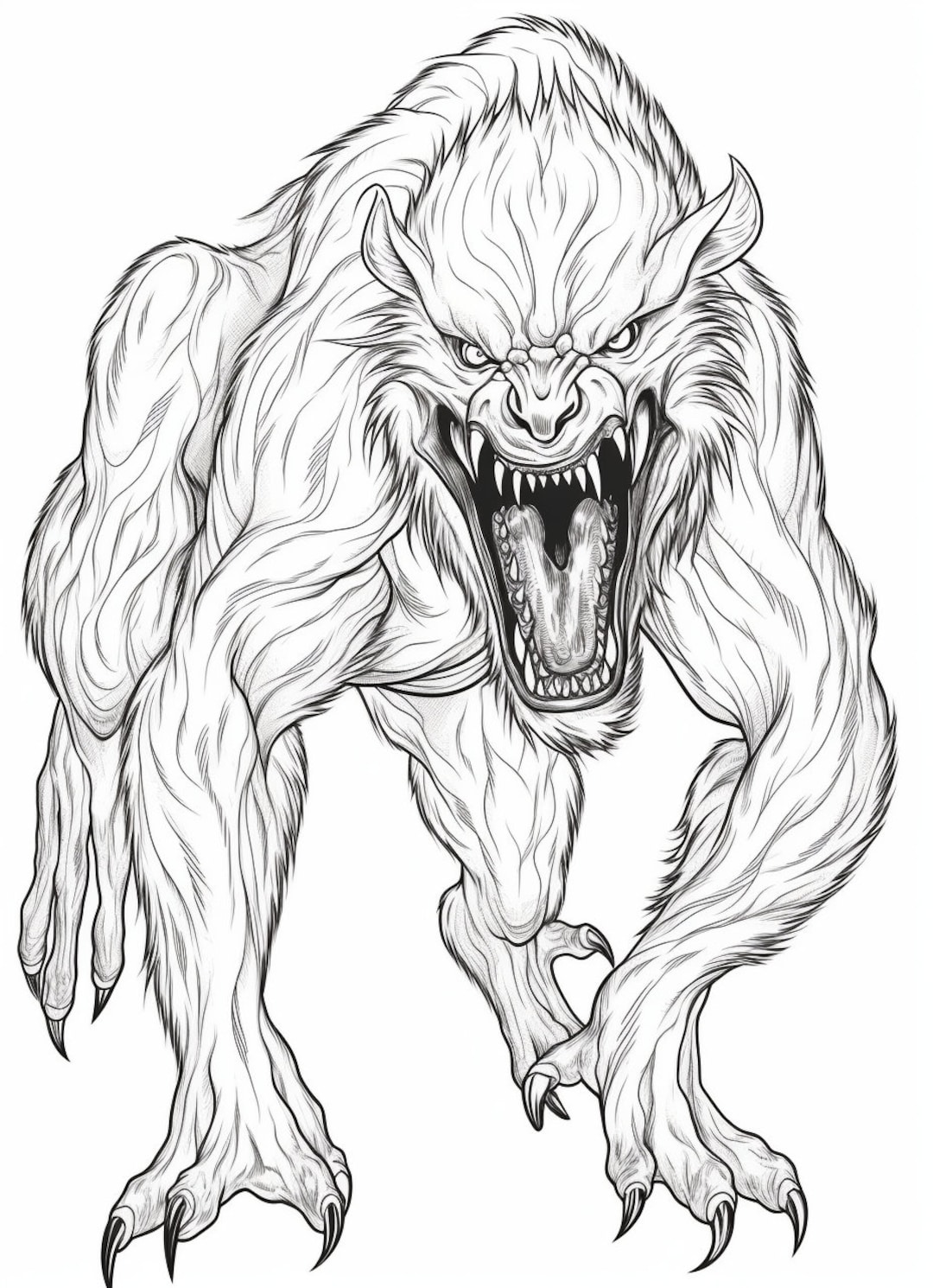 Halloween scary werewolf coloring book page image for adults black and white line drawing image buy once and print hundreds download now