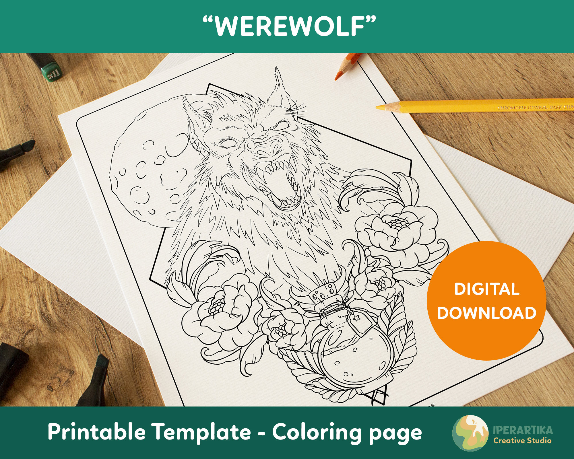 Werewolf coloring page printable halloween coloring pages coloring sheets digital download coloring for adults coloring page pdf