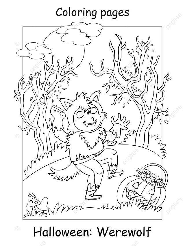 Vector coloring page funny boy in werewolf costume in scary forest poster template download on