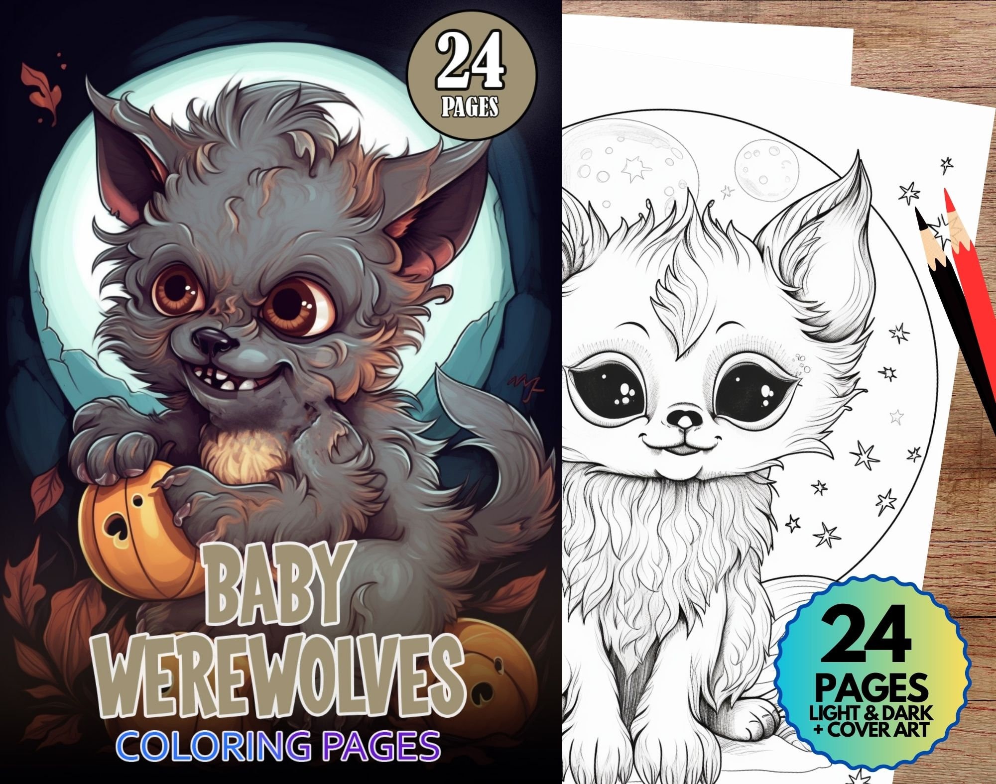 Baby werewolf coloring pages pages fantasy art instant pdf download light dark variations cute