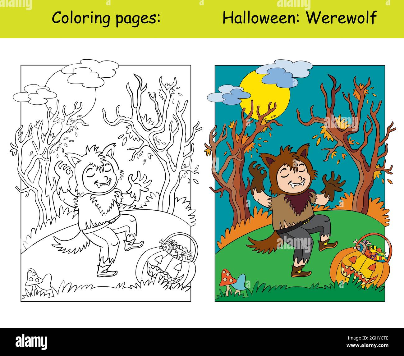 Funny boy in werewolf costume in scary forest halloween concept coloring book page for children with colorful template vector cartoon illustration stock vector image art