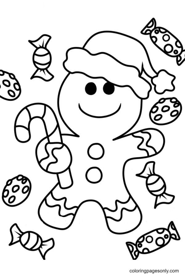 Gingerbread man with candies coloring page