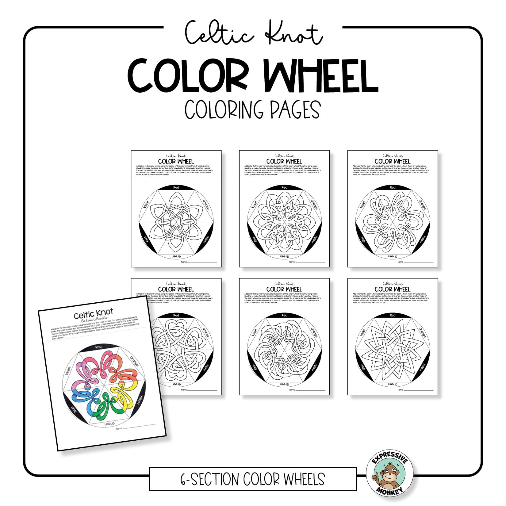 Color wheel coloring page with celtic knots